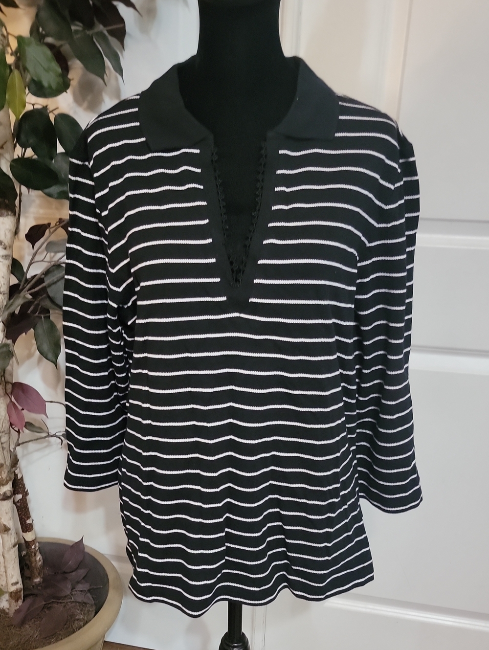 Canyon River Blues Black and White Striped V-Notch Polo Tunic